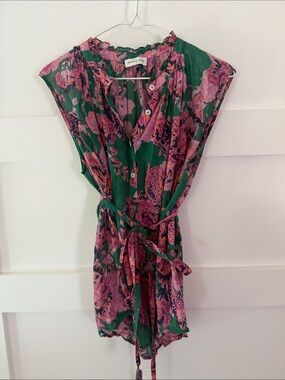 Megan Park Floral Sleeveless Boho Cottagecore Button Front Blouse Green & Pink